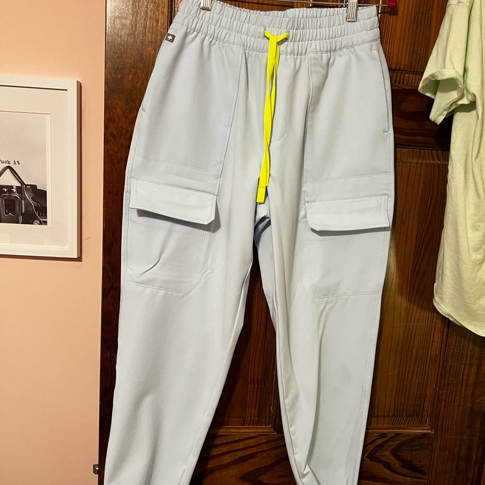 Women's Light Blue jogger Cargo scrub pants with Neon Yellow Drawstring